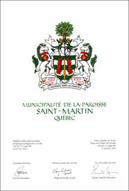 Letters patent granting heraldic emblems to the Municipalité de la paroisse Saint-Martin