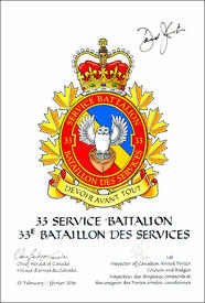 Lettres patentes approuvant l’insigne du 33e Bataillon des services