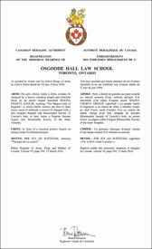 Letters patent registering the heraldic emblems of Osgoode Hall Law School Letters patent registering the heraldic emblems of Osgoode Hall Law School