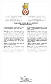 Lettres patentes enregistrant les emblèmes héraldiques de l'Osgoode Hall Law School