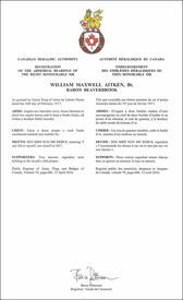Lettres patentes enregistrant les emblèmes héraldiques de William Maxwell Aitken