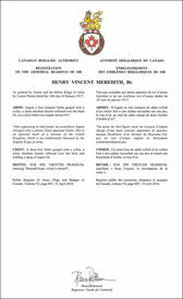 Letters patent registering the heraldic emblems of Henry Vincent Meredith Letters patent registering the heraldic emblems of Henry Vincent Meredith