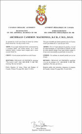 Lettres patentes enregistrant les emblèmes héraldiques d'Archibald Cameron Macdonell