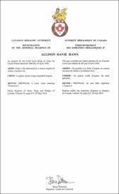 Lettres patentes enregistrant les emblèmes héraldiques d'Allison Davie Haws