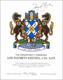 Letters patent granting heraldic emblems to Lois Elizabeth Mitchell Letters patent granting heraldic emblems to Lois Elizabeth Mitchell