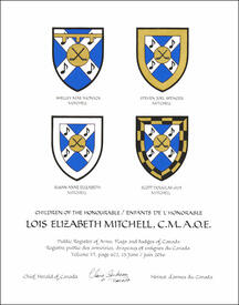 Lettres patentes concédant des emblèmes héraldiques à Lois Elizabeth Mitchell Lettres patentes concédant des emblèmes héraldiques à Lois Elizabeth Mitchell