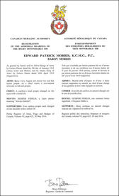 Letters patent registering the heraldic emblems of Edward Patrick Morris