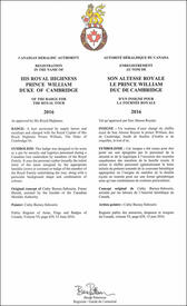 Letters patent registering the heraldic emblems of Prince William, Duke of Cambridge Letters patent registering the heraldic emblems of Prince William, Duke of Cambridge