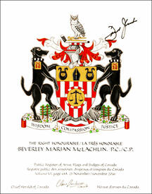 Letters patent granting heraldic emblems to Beverley Marian McLachlin