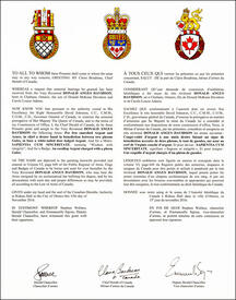 Letters patent granting heraldic emblems to Donald Angus Davidson Letters patent granting heraldic emblems to Donald Angus Davidson