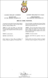 Lettres patentes enregistrant les emblèmes héraldiques de Bryan Erik Manuel