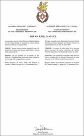 Letters patent registering the heraldic emblems of Bryan Erik Manuel Letters patent registering the heraldic emblems of Bryan Erik Manuel