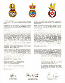 Letters patent granting heraldic emblems to Michel Doyon