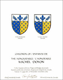 Letters patent granting heraldic emblems to Michel Doyon