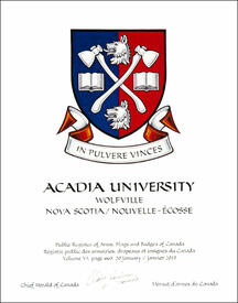 Letters patent granting heraldic emblems to Acadia University Letters patent granting heraldic emblems to Acadia University