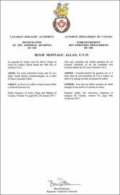 Lettres patentes enregistrant les emblèmes héraldiques de Hugh Montagu Allan