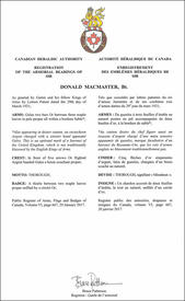 Lettres patentes enregistrant les emblèmes héraldiques de Donald MacMaster