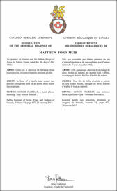 Letters patent registering the heraldic emblems of Matthew Ford Muir Letters patent registering the heraldic emblems of Matthew Ford Muir