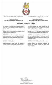 Lettres patentes enregistrant les emblèmes héraldiques de Samuel Morgan Gray Lettres patentes enregistrant les emblèmes héraldiques de Samuel Morgan Gray
