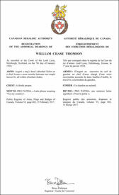Lettres patentes enregistrant les emblèmes héraldiques de William Chase Thomson Lettres patentes enregistrant les emblèmes héraldiques de William Chase Thomson