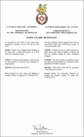 Letters patent registering the heraldic emblems of Lonn Clark Buchanan Letters patent registering the heraldic emblems of Lonn Clark Buchanan