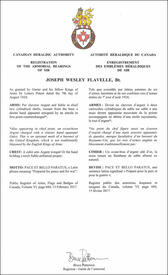 Lettres patentes enregistrant les emblèmes héraldiques de Joseph Wesley Flavelle Lettres patentes enregistrant les emblèmes héraldiques de Joseph Wesley Flavelle