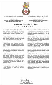 Letters patent registering the heraldic emblems of Charles Vincent Massey