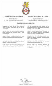 Letters patent registering the heraldic emblems of James Harold Crang Letters patent registering the heraldic emblems of James Harold Crang