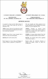 Letters patent registering the heraldic emblems of Arthur Baylis