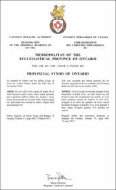 Letters patent registering the heraldic emblems of The Metropolitan of the Ecclesiastical Province of Ontario