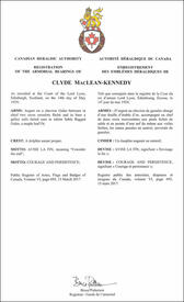 Lettres patentes enregistrant les emblèmes héraldiques de Clyde MacLean-Kennedy