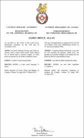 Lettres patentes enregistrant les emblèmes héraldiques de James Bryce Allan