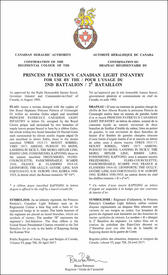 Letters patent confirming a Regimental Colour for use by the 2nd Battalion of the Princess Patricia’s Canadian Light Infantry