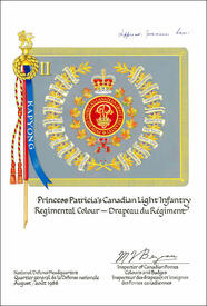 Letters patent confirming a Regimental Colour for use by the 2nd Battalion of the Princess Patricia’s Canadian Light Infantry Letters patent confirming a Regimental Colour for use by the 2nd Battalion of the Princess Patricia’s Canadian Light Infantry
