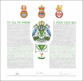 Letters patent granting heraldic emblems to the University of the Fraser Valley