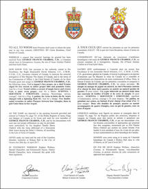 Lettres patentes concédant des emblèmes héraldiques à George Francis Chabrol