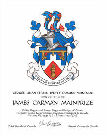 Letters patent granting heraldic emblems to James Carman Mainprize