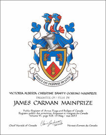Letters patent granting heraldic emblems to James Carman Mainprize