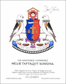 Letters patent granting heraldic emblems to Nellie Taptaqut Kusugak