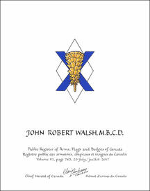 Lettres patentes concédant des emblèmes héraldiques à John Robert Walsh Lettres patentes concédant des emblèmes héraldiques à John Robert Walsh