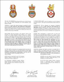 Lettres patentes concédant des emblèmes héraldiques à The Synod of the Diocese of Brandon (aussi connu sous le nom de Synode du Diocèse de Brandon)