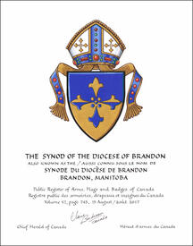 Letters patent granting heraldic emblems to The Synod of the Diocese of Brandon (also known as the Synode du Diocèse de Brandon)