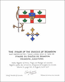 Lettres patentes concédant des emblèmes héraldiques à the Synod of the Diocese of Brandon (aussi connu sous le nom de Synode du Diocèse de Brandon)