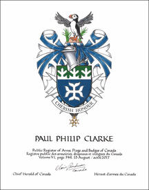 Letters patent granting heraldic emblems to Paul Philip Clarke