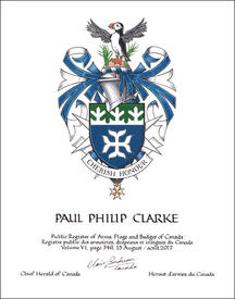 Letters patent granting heraldic emblems to Paul Philip Clarke