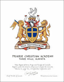 Letters patent granting heraldic emblems to the Prairie Christian Academy Society