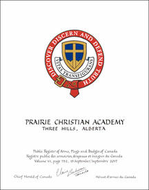 Lettres patentes concédant des emblèmes héraldiques à la Prairie Christian Academy Society