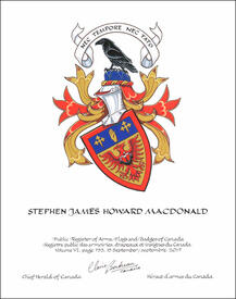 Lettres patentes concédant des emblèmes héraldiques à Stephen James Howard MacDonald Lettres patentes concédant des emblèmes héraldiques à Stephen James Howard MacDonald