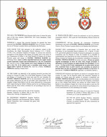 Letters patent granting heraldic emblems to Daniel Thomas Bartie
