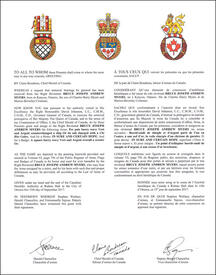 Letters patent granting heraldic emblems to Bruce Joseph Andrew Myers